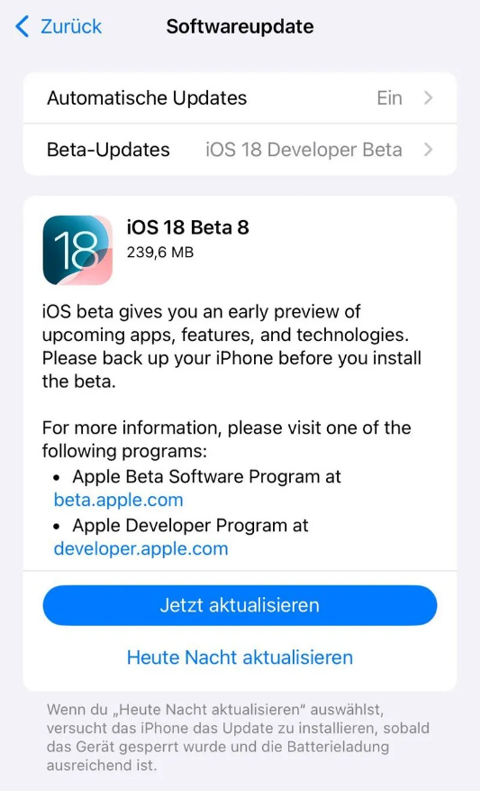 襄垣苹果手机维修分享苹果 iOS / iPadOS 18 开发者预览版 Beta 8 发布 